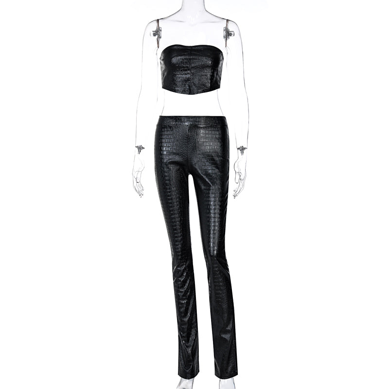 Voguable Sleeveless Solid Pu Leather Backless Tube Top Leggings 2 Pieces Set Autumn Winter Women Sexy Streetwear Tracksuit voguable