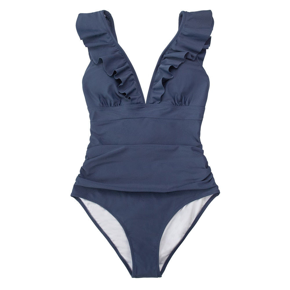 Voguable  Solid Black Ruffled One-piece Swimsuit Women Sexy Lace Up Monokini Swimwear 2022 New Girl Beach Bathing Suits voguable