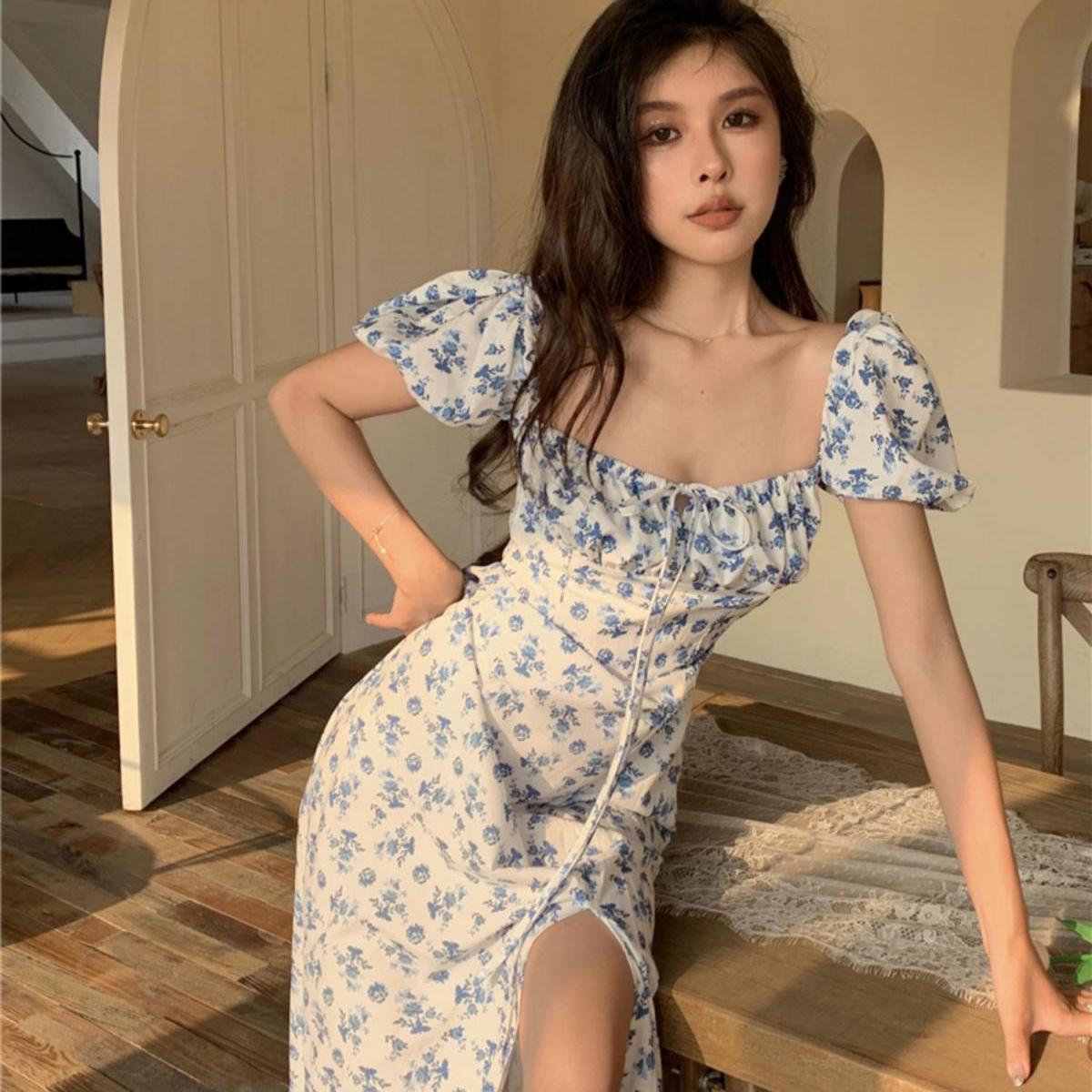 Voguable  2022 Dresses Women Side-slit French Style Print Leisure Puff Sleeve All-match Sexy Ladies Vestidos Vintage College Birthday Party New voguable