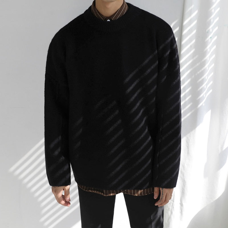 Voguable/men's wear sweater autumn and winter loose all-match Korean style vintage oversize kintted sweater round collar pullover voguable