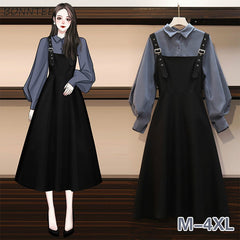 Voguable  Dress Sets Women Plus Size 4XL Chic Fashion Elegant Office Lady Outfits 2 Piece Korean Fall Basic Simple Female Shirts Vestido voguable