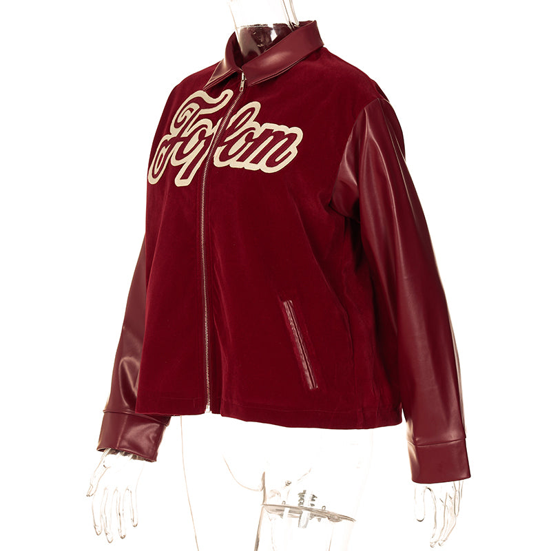 Voguable Pu Leather Letter Print Zipper Long Sleeve Loose Patchwork Jacket Autumn Winter Women Streetwear Outfits Y2K voguable