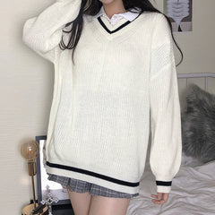 Voguable V Neck White Casual Sweater Women Preppy Style Korean Long Sleeve Jumpers Ladies High Street Autumn Winter Pullover voguable