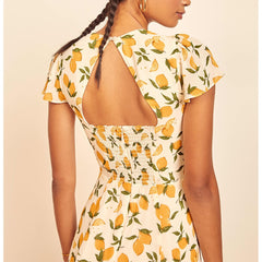 Women Dresses Summer Flutter Sleeve Lemon Print Mini Beach Dress Sweetheart Neck Twist Back Cut Out Fit Flare Short Dress voguable