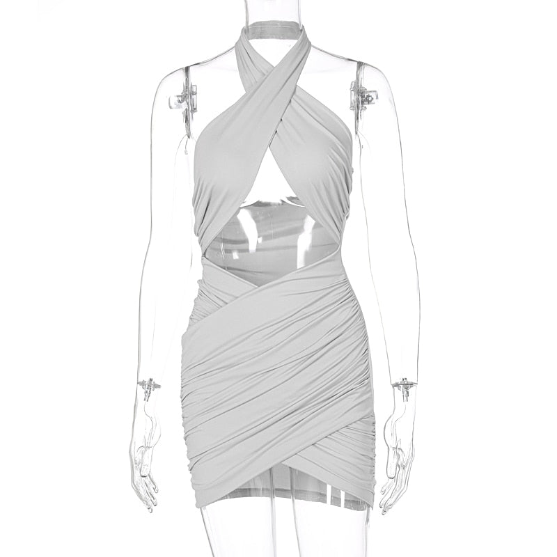 Voguable   Halter Hollow Out Sexy Mini Dress Summer Women Fashion Streetwear Outfits Solid Club Y2K Clothing voguable