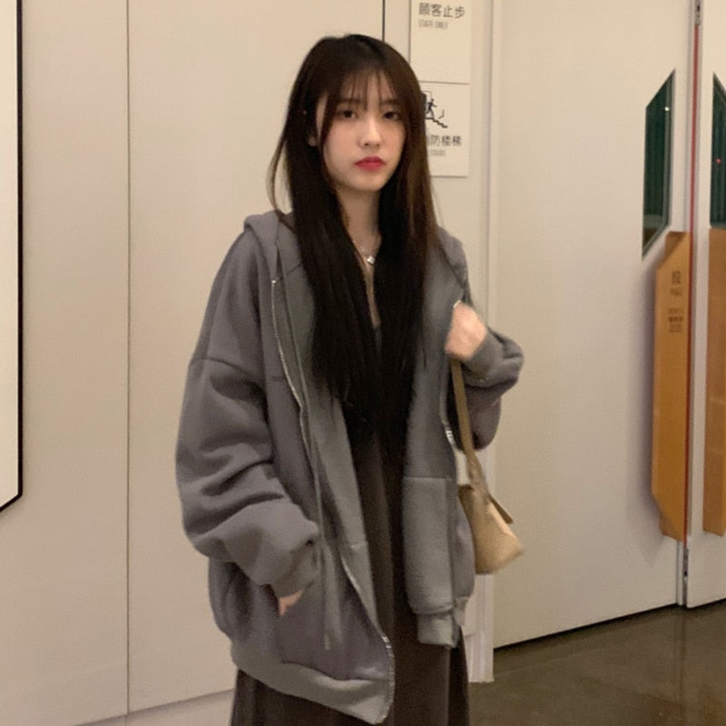 VOGUABLE  Women Hoodies Harajuku Korean Version Zip Up Loose Oversized Sweatshirts Casual Solid Color Long Sleeve Hooded Sweatshirt Coats voguable