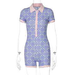 Voguable  2022 Long Sleeves Regular Print Polo-Neck Single Breasted Playsuit Summer Women Fashion Preppy Style spring Outfits Y2K voguable