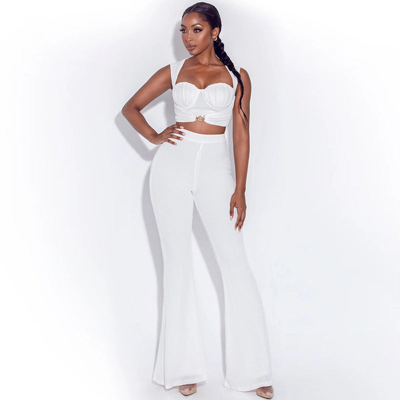 Voguable  2 Piece Set Women Fall Casual Street Loose Stretch Solid OutfitBrand Celebrity Elegant White Knit Camisole and Flared Trouser voguable