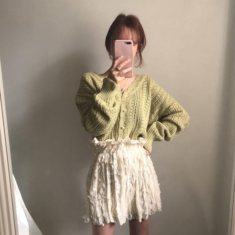 Voguable  Cropped Cardigan Women Spring Chic Hollow Out Elegant V-Neck Korean Vintage Femme Jumper White Sweet Girls Pearls Lady Knitwear voguable