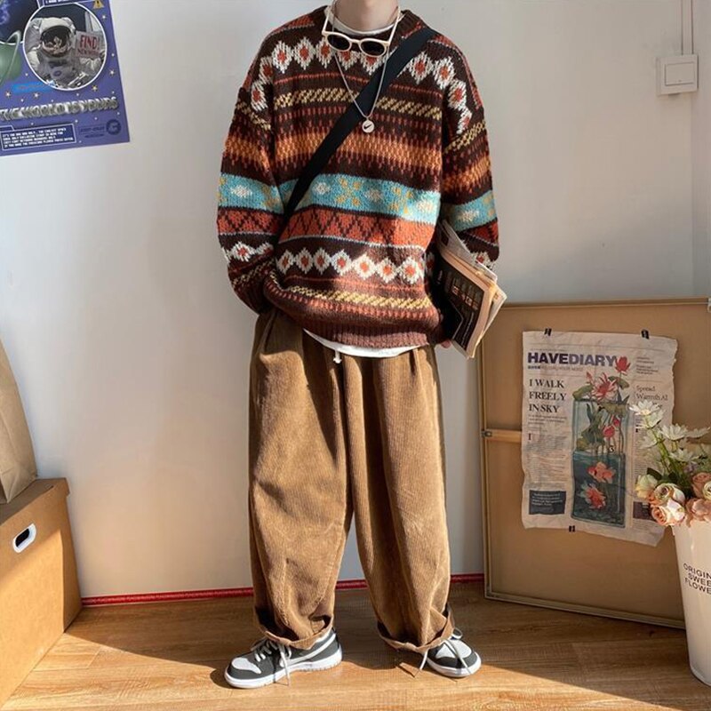 Voguable Men's Knitted Vintage Graphic Sweater with Pattern Brown Blue Pullovers Sweaters and Jumpers Korean Streetwear Harajuku voguable