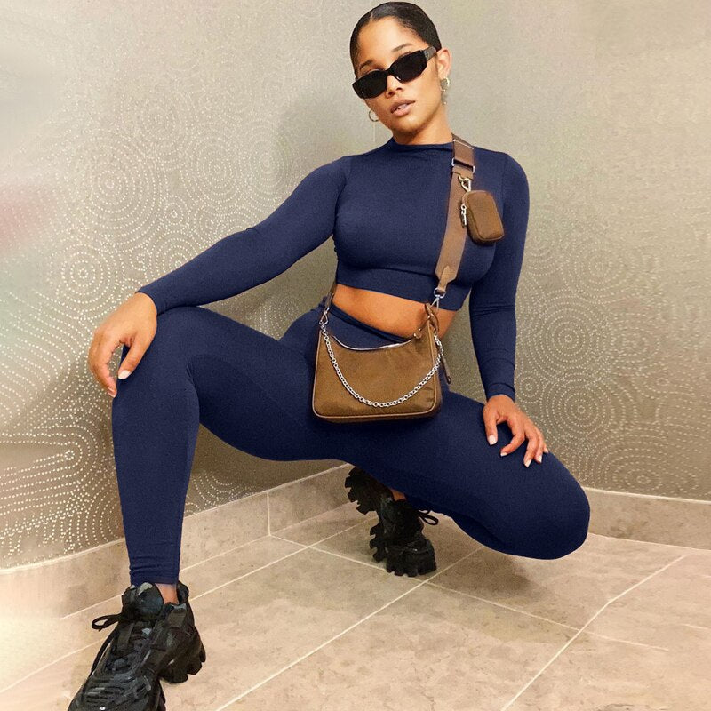 Voguable Long Sleeve Sexy Crop Tops Leggings 2 Pieces Set Summer Women Streetwear Outfits Pure Tracksuit Joggings Suit voguable