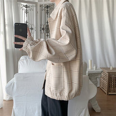 Voguable   2022 New Men's Jacket Oversize Plaid Coat Single Breasted Turn-down Collar Vintage Checkered Windbreaker Clothing Tops Man Khaki voguable