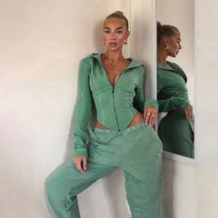 Voguable  Woman 2 Piece Outfits V-neck Zipper Long Sleeve Corset Top + Pants Sets Fashion Tracksuit Matching Sets Jogging Female Plus Size voguable