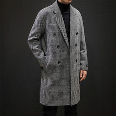Voguable  Casual Double Breasted Mens Wool Overcoat Winter 2019 Houndstooth Jacket Men Turn-down Collar Long Woollen Wind Coat voguable