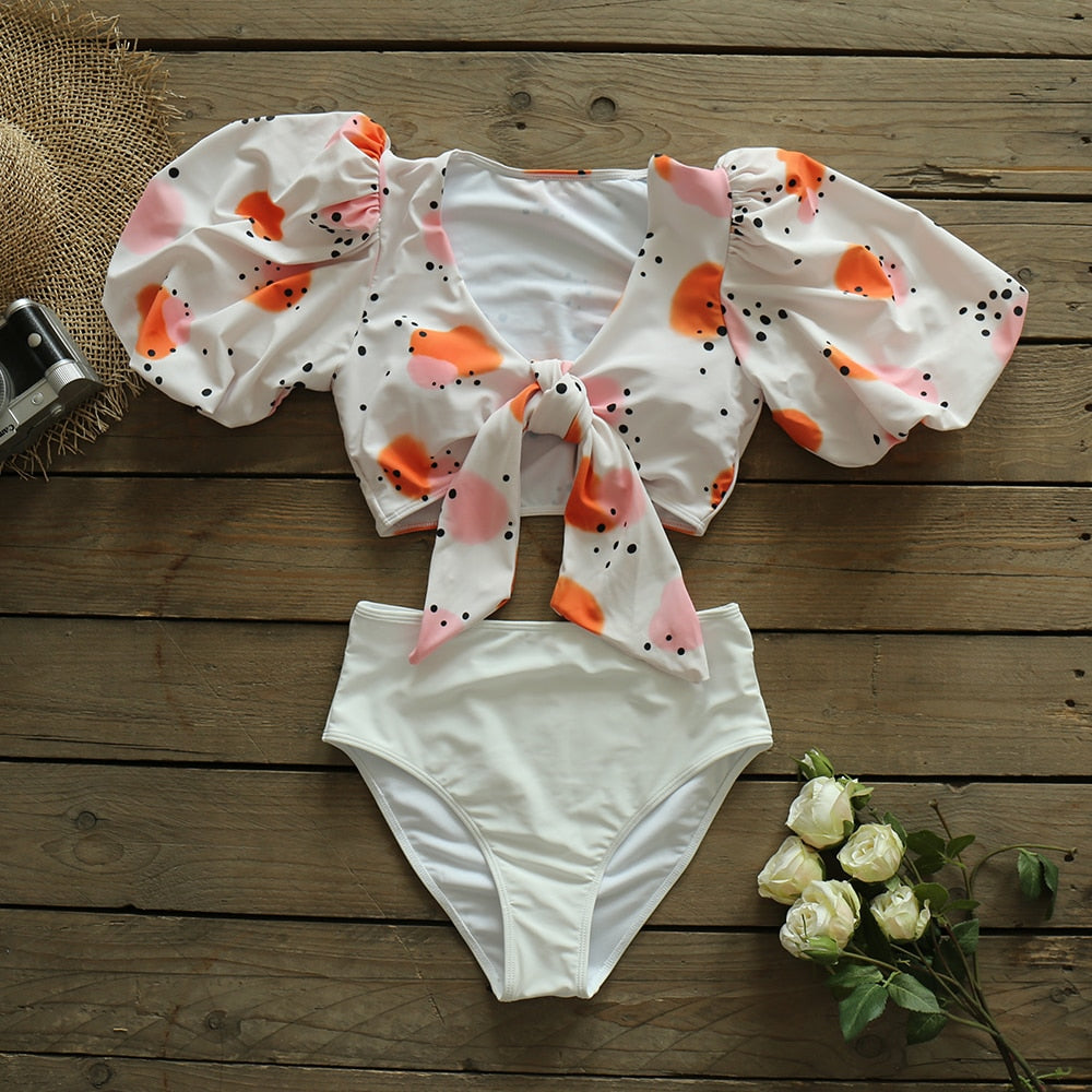 Voguable High Waist Bikini 2022 New Long Sleeve Sleeve Swimsuit Off-Shoulder Swimwear Women Bubble Sleeve Bikinis Sexy Mesh Beach Wear voguable
