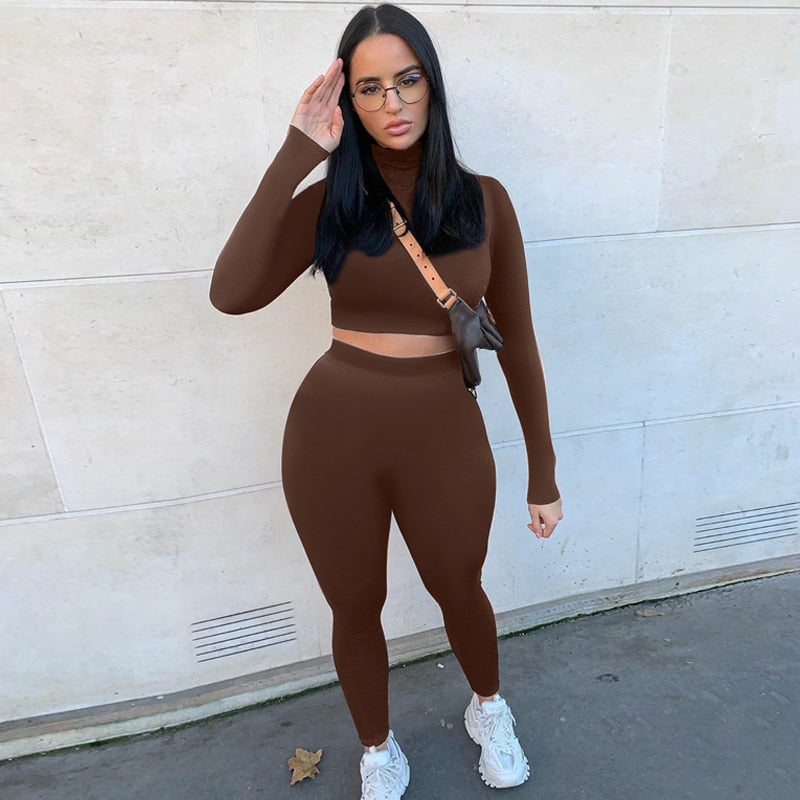Voguable Long Sleeve Sexy Crop Tops Leggings 2 Pieces Set Summer Women Streetwear Outfits Pure Tracksuit Joggings Suit voguable