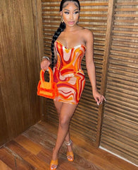 Voguable  Print Off Shoulder Sleeveless Colorful Crop Top Mini Dress 2 Pieces Suit 2022 Spring Sexy Bodycon Caual Party Outfits voguable