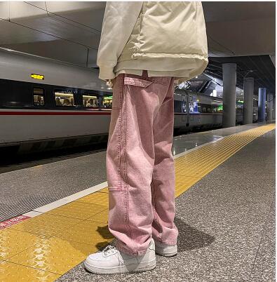 Voguable  Men's Work Baggy Homme Casual Pants Classic Style Jeans Pink/blue Black Loose Straight Pants Biker Denim Trousers M-2XL voguable