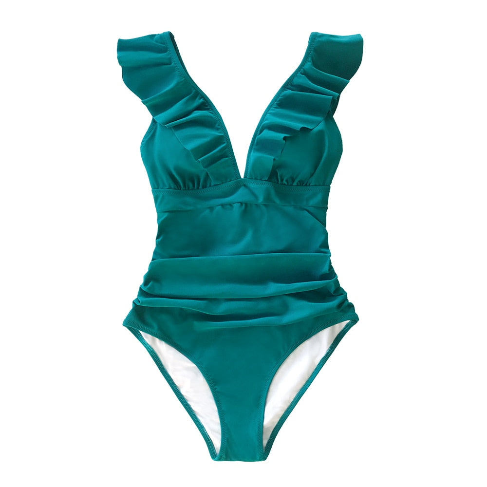 Voguable  Solid Black Ruffled One-piece Swimsuit Women Sexy Lace Up Monokini Swimwear 2022 New Girl Beach Bathing Suits voguable