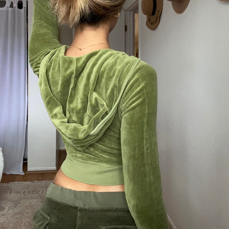 Voguable  Casual Velvet Crop Top Winter Jacket Women Green Pink Zip Up Hoodies Coats Ladies Fashion Skinny Overcoat Streetwear voguable