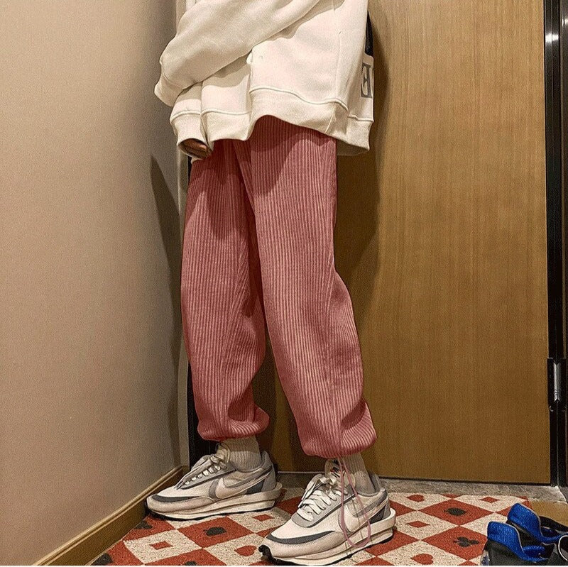 Voguable Man Casual Tie Leg Straight Pants Woman Corduroy Solid Color Oversize Trousers Man Warm Korean Streetwear Pants voguable