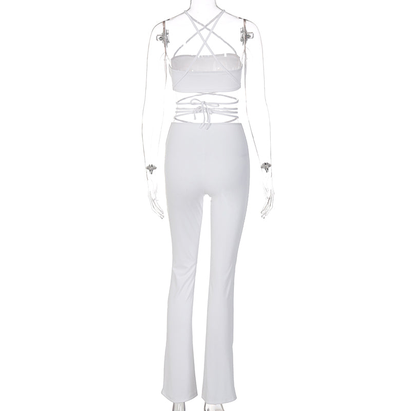 Voguable Solid Women Halter Sleeveless Bandage Ruched Crop Bra High Waist Leggings 2 Piece Set 2021 Autumn Y2K Streetwear Outfit voguable