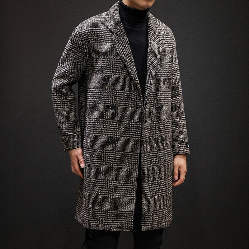 Voguable  Casual Double Breasted Mens Wool Overcoat Winter 2019 Houndstooth Jacket Men Turn-down Collar Long Woollen Wind Coat voguable