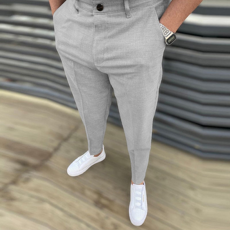 Voguable Autumn Casual Business Men Solid Pants Fashion Slim Fit Long Trouser For Men's Mid Waist Buttoned Design Pants Spring Streetwear voguable