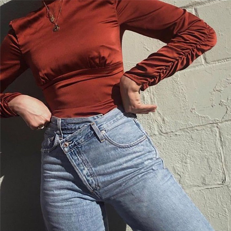 2022 Summer New Fashion Light Blue Women Asymmetric Fly Jeans With Button Closure Split Waist Straight Leg Jeans big size 2S4F voguable