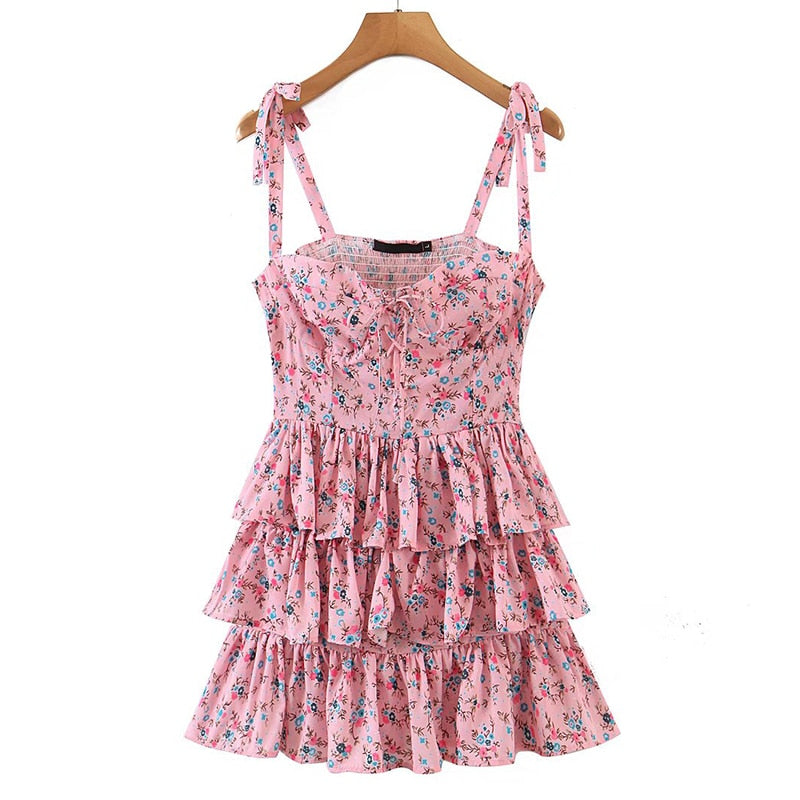 Voguable   Sweet Women Floral Print Sexy Sling Cake Dress Ladies Summer Holiday Chiffon Robe Short Vestido voguable