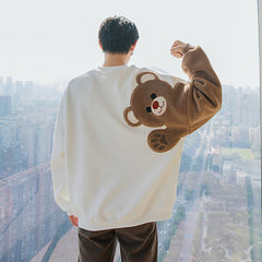 Voguable Plus Velvet Thick Autumn And Winter Round Neck Long-Sleeved Lamb Hair Embroidery Flocking Comic Bear Loose Lazy Style Sweatshirt voguable