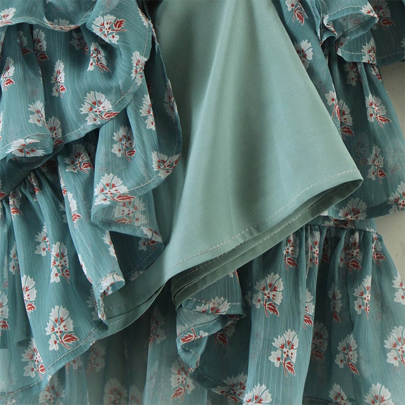 Voguable  Summer Women Floral Print Ruffle Cake Chiffon Dress Sexy Collar Long Sleeve Holiday Vintage Dress Ladies Short Robe voguable