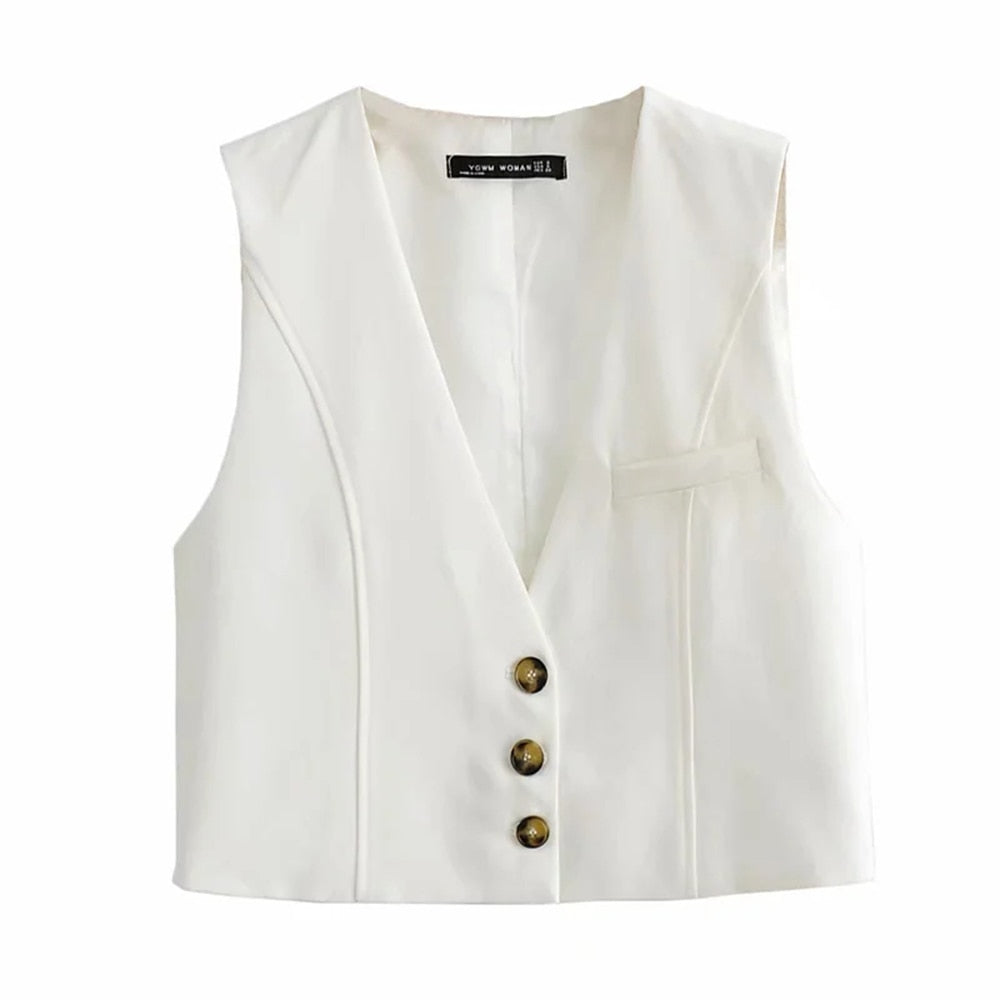 Voguable  2022 Women Elegant White Streetwear Sleeveless Short Vest Female Vintage Slim V-Neck Single-breasted Casual Waistcoat voguable