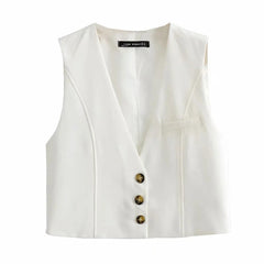 Voguable  2022 Women Elegant White Streetwear Sleeveless Short Vest Female Vintage Slim V-Neck Single-breasted Casual Waistcoat voguable