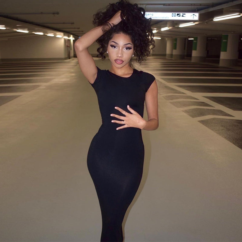 Voguable 2022 Short Sleeve O-Neck Solid Bodycon Dress Summer Sexy Women Streetwear Y2K Party Casual Club voguable