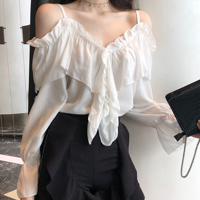 Voguable Off Shoulder Blouses Women Ruffles Sexy Party Design Stylish Ulzzang Solid Feminine Leisure All-match Spring Soft Popular Ins voguable