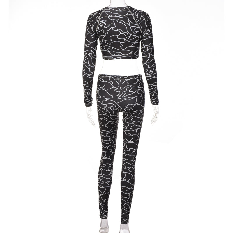 Voguable   2022 Summer Print Long Sleeves Slim Navel Top Leggings Set Bodycon Sexy Party Elegant Club Y2K Robe Beach voguable