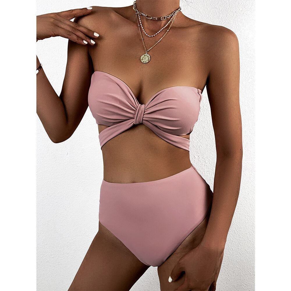 Voguable Sexy High Waist Bikini Women Swimsuit 2022 New Arrival Swimwear Hollow Out Print Striped Bathing Suit Beachwear Biquini Female voguable