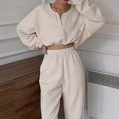 New Leisure Suit High Waist Pant Solid Loose Joggers Female Casual Two Piece Tracksuit Suit Fashion Plaid Chic Cropped Pullovers voguable