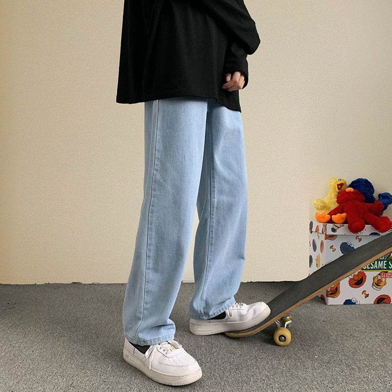 Voguable Korean Fashion Men Wide Leg Jeans 2021 Autumn New Streetwear Straight Baggy Denim Pants Male Brand Trousers voguable