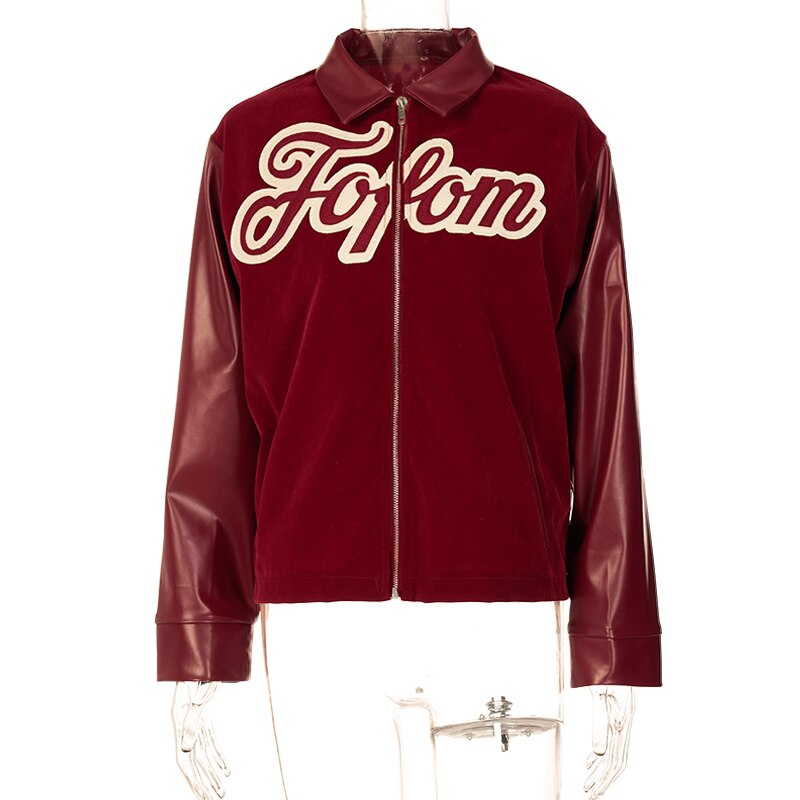 Voguable Pu Leather Letter Print Zipper Long Sleeve Loose Patchwork Jacket Autumn Winter Women Streetwear Outfits Y2K voguable