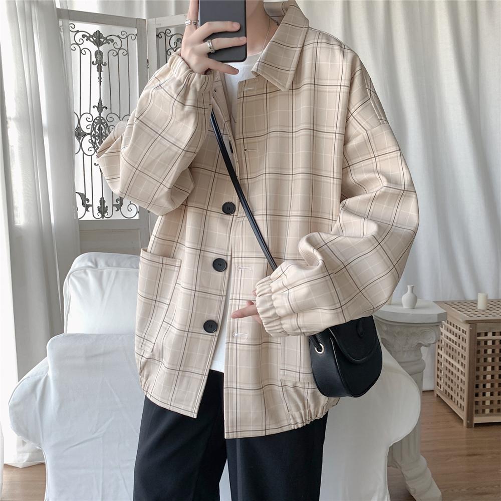 Voguable   2022 New Men's Jacket Oversize Plaid Coat Single Breasted Turn-down Collar Vintage Checkered Windbreaker Clothing Tops Man Khaki voguable