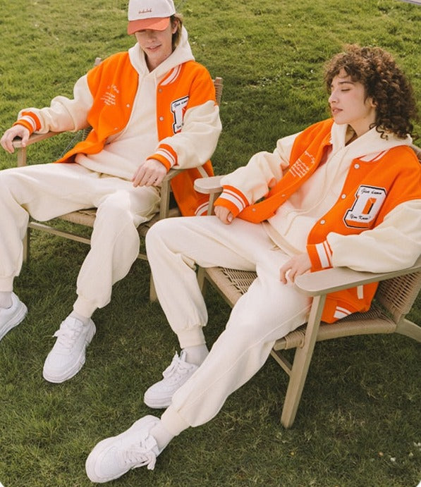 Voguable  Unisex Varsity Jacket Urban Streetwear Vintage Fleece Bomber Jacket with Embroidery Couple Orange Baseball Coat voguable
