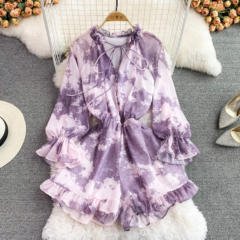 Bohemian Women Tie Dye Printed Chiffon Romper Female Elegant Ruffle V-Neck Wide Leg Jumpsuits Casual Yellow/Purple Playsuit New voguable