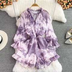 Bohemian Women Tie Dye Printed Chiffon Romper Female Elegant Ruffle V-Neck Wide Leg Jumpsuits Casual Yellow/Purple Playsuit New voguable