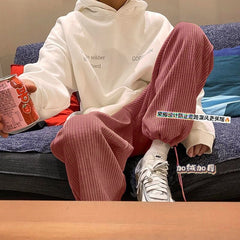 Voguable Man Casual Tie Leg Straight Pants Woman Corduroy Solid Color Oversize Trousers Man Warm Korean Streetwear Pants voguable
