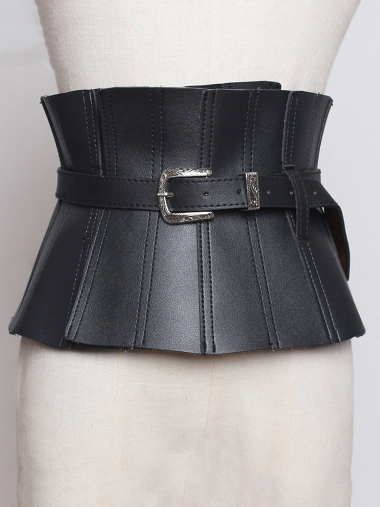 New Spring Summer Pu Leather Black Ruffles Buckle Split Joint Personality Wide Belt Women Fashion All-match voguable