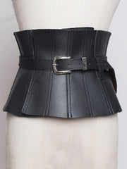 New Spring Summer Pu Leather Black Ruffles Buckle Split Joint Personality Wide Belt Women Fashion All-match voguable