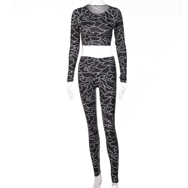 Voguable   2022 Summer Print Long Sleeves Slim Navel Top Leggings Set Bodycon Sexy Party Elegant Club Y2K Robe Beach voguable