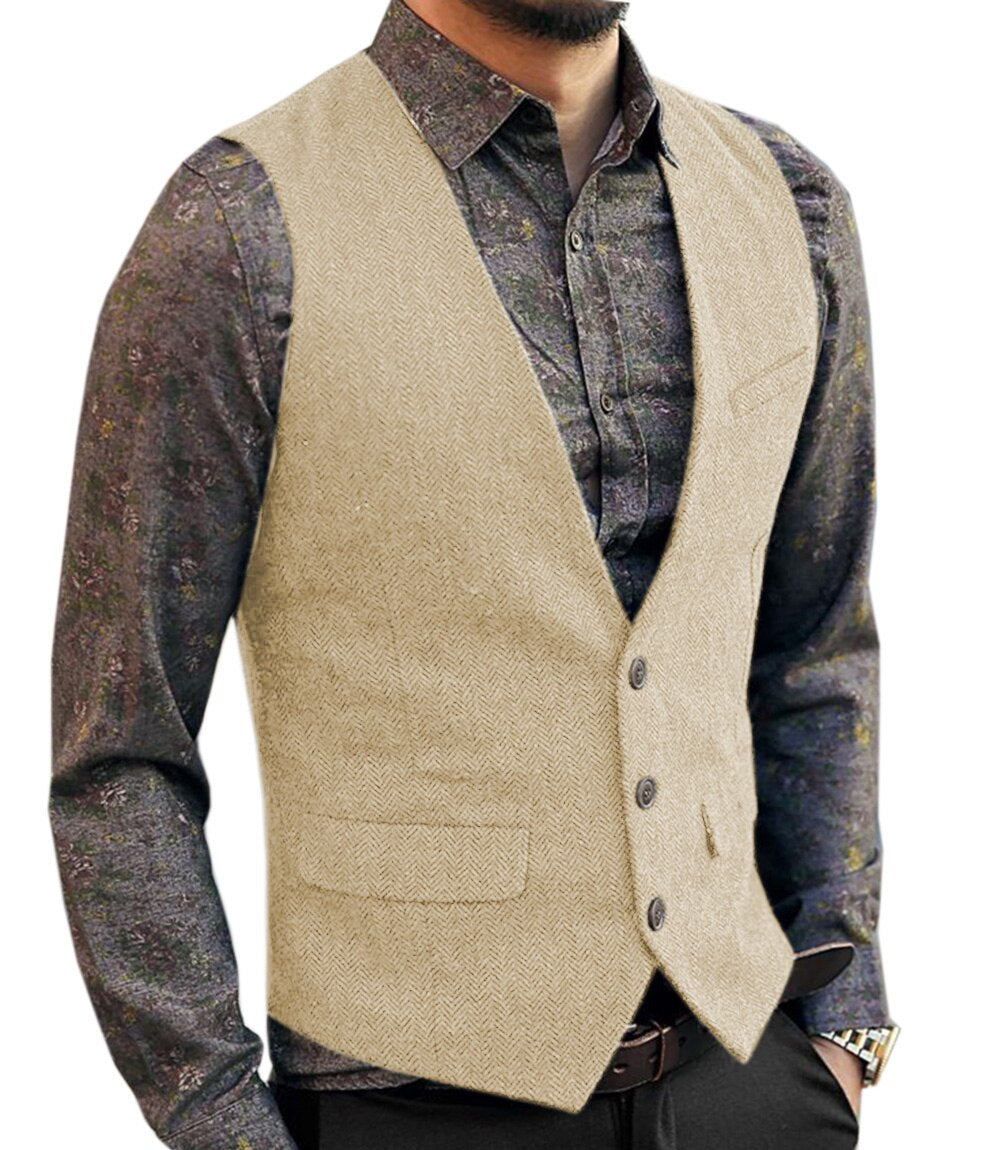 Voguable Men's Vest Suit Boutique Wool Tweed Slim Fit Leisure Cotton Male Gentleman Beckham Business Waistcoat For Wedding Groomsmen voguable